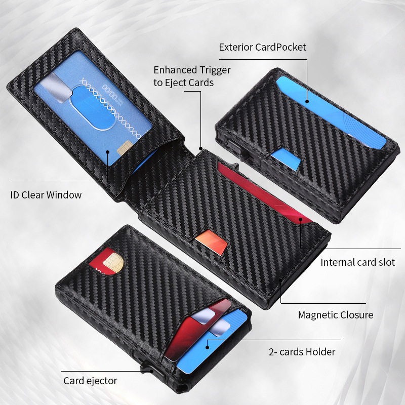 Amazon venta caliente de fibra de carbono lateral empuje bolsa de tarjetas antirrobo cepillo flip caja de tarjetas cartera flip transfronteriza stock