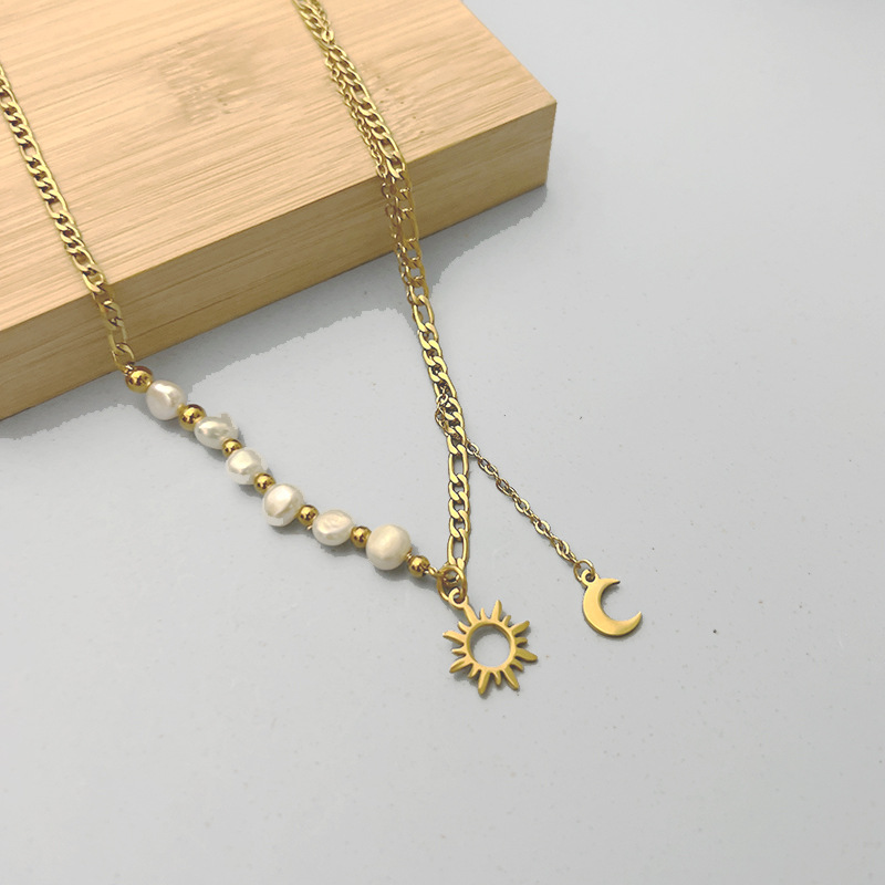 Fashion Sun Moon Stainless Steel Titanium Steel Pearl Plating Hollow Out Pendant Necklace 1 Piece display picture 2