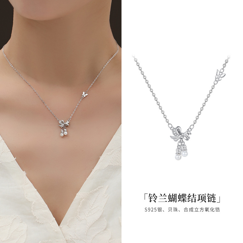 S925 Silver Bow Clavicle Necklace Girl's Bead Pendant Simple Design New Chinese Style Autumn and Winter Style