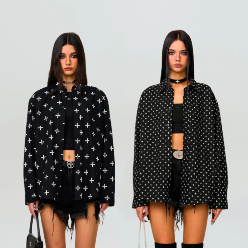 SMFK Black Garden Wide Cotton Yarn Shirt Cross Flower Full Print Long Sleeve Shirt Jacket 25 New