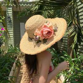 2024新款花朵拉菲草帽子女草帽夏季大帽檐出游防晒度假百搭遮阳帽