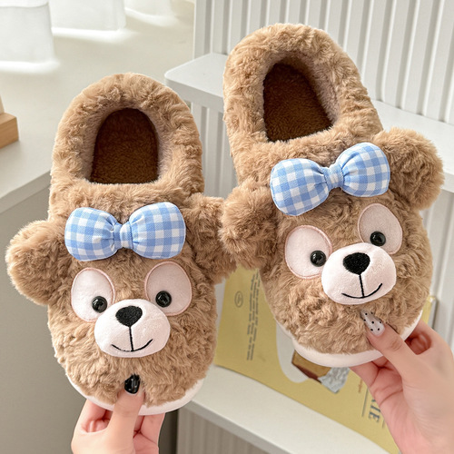 Kids' cotton slippers for girls—autumn and winter home indoor warm, non-slip, plush-heeled cotton shoes for family use—wholesale