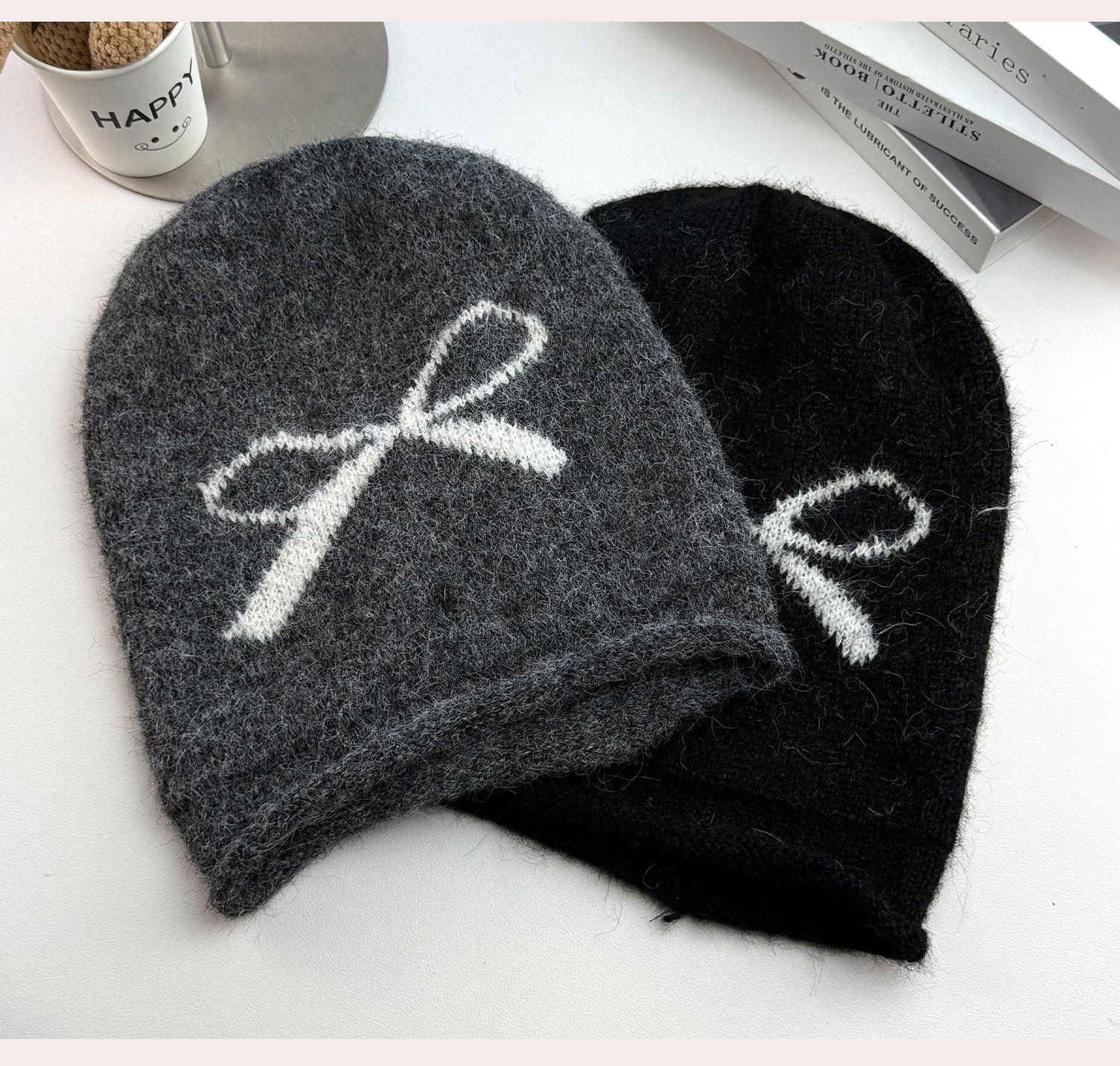 Herbst-Winter-Mütze mit Schleife im koreanischen Stil, schlicht, figurschmeichelnd, aus Wolle gestrickt, für Damen mit großem Kopfumfang, ideal für Outdoor-Aktivitäten_voghion.com