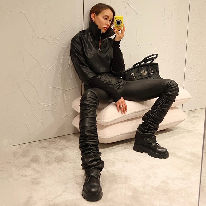 Winter Sexy Slim Short Patchwork Sweatshirt Solid Color Faux Leather Zipper Top