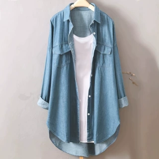 跨境水洗蓝色软牛仔衬衫女春秋慵懒风落肩长袖上衣百搭中长款衬衣