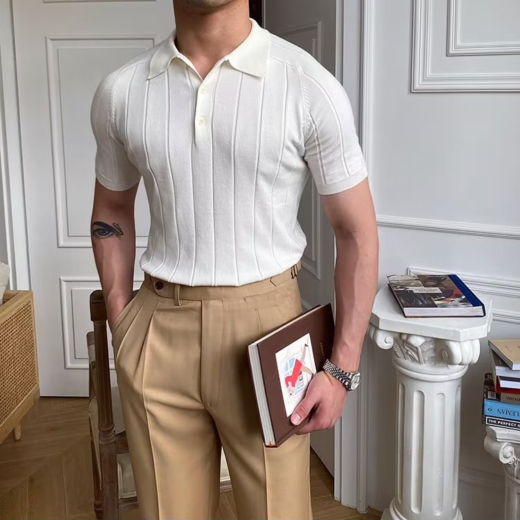 Verano nuevo suéter de punto de seda de hielo de manga corta camisa POLO para hombres Camiseta de negocios delgada simple comercio exterior al por mayor transfronterizo