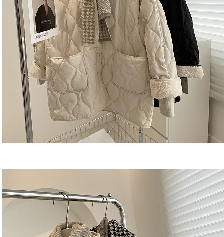 Collarless lamb wool splicing light and thin winter Korean version loose small fragrant dia plaid warm cotton jacket_voghion.com
