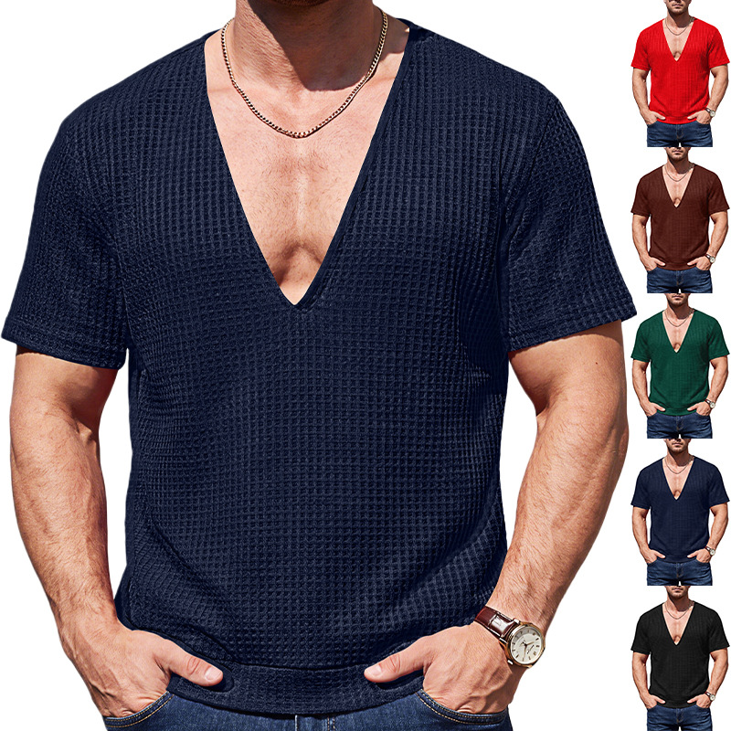 Comercio exterior transfronterizo de Europa y los Estados Unidos Wish hombre deportivo de verano acondicionamiento ocio V-collar elástico color sólido gran camiseta de manga corta