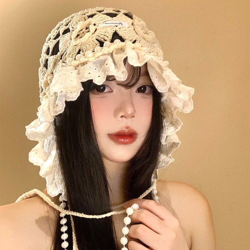 2025日系新甜美珍珠镂空花朵针织帽子女秋季时尚花边流苏手编织帽|undefined