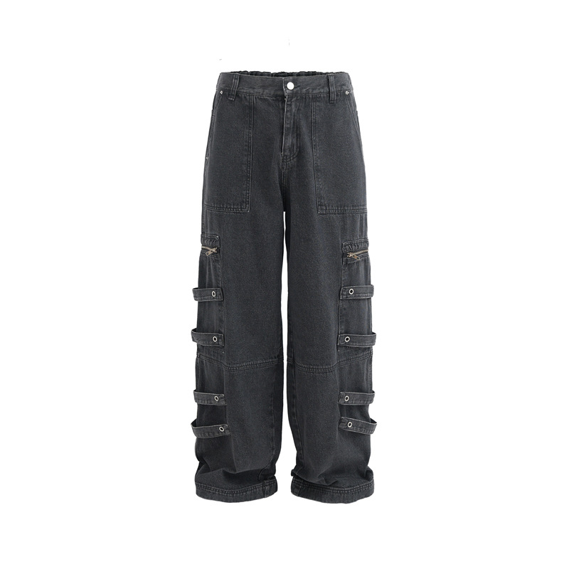 Men's Clothing Distressed Wash Tooling Jeans Men's and Women's New Fashion Brand Pocket Zipper Design Sense Side Strap Loose Straight Pants_viptrois.com