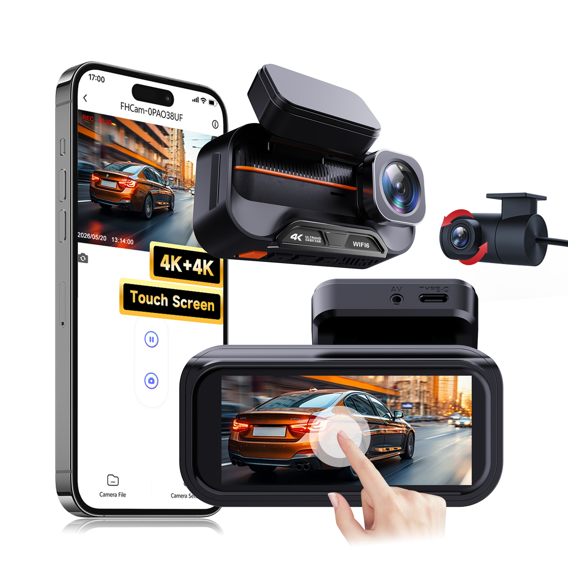 Cross-border 4K front and rear dual-recording dashcam WiFi6 mobile app connected car video recorder for foreign trade