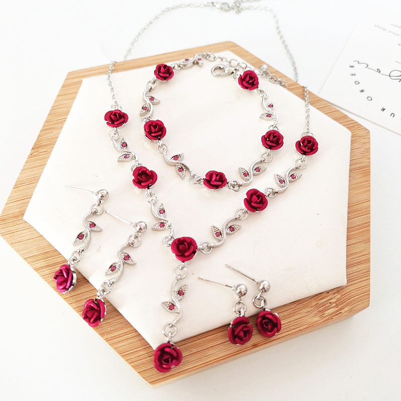 New Girl Mori Super Fairy Rose Flower Bracelet Gentle Girly Temperament All-match Necklace Earrings suit