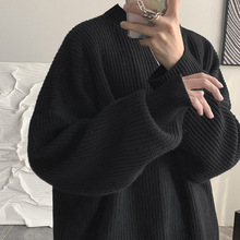 港味ins复古粗线圆领毛衣男韩版潮流针织衫秋冬季宽松纯色毛线衣