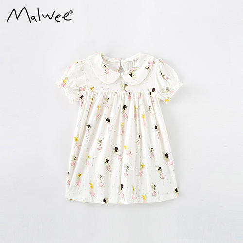 malwee girls dress summer new style European and American children's printed short-sleeved children's dress princess dress