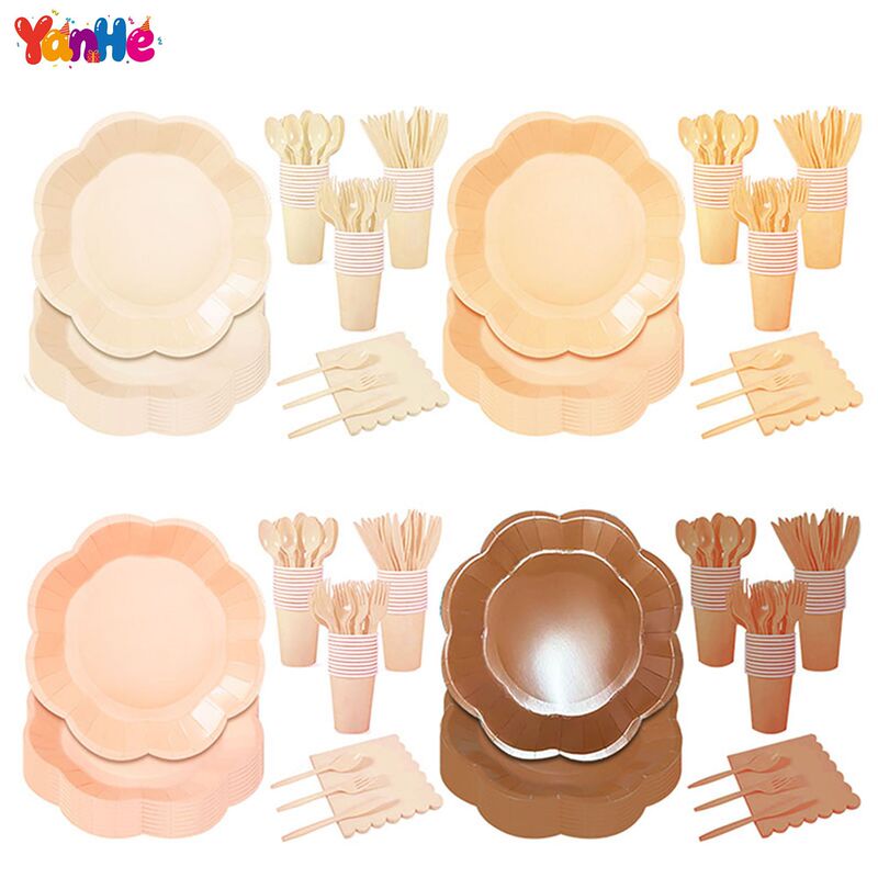 Solid Color Irregular Lace Disposable Paper Plates Theme Party Dinner Paper Cups Paper Towels Cutlery Spoon Decoration Supplies