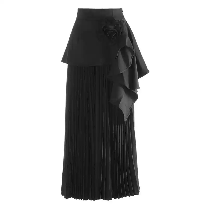 Saia midi floral elegante de cintura alta - Saia evasê plissada deslumbrante para mulheres (preta/bordô/bege)_voghion.com