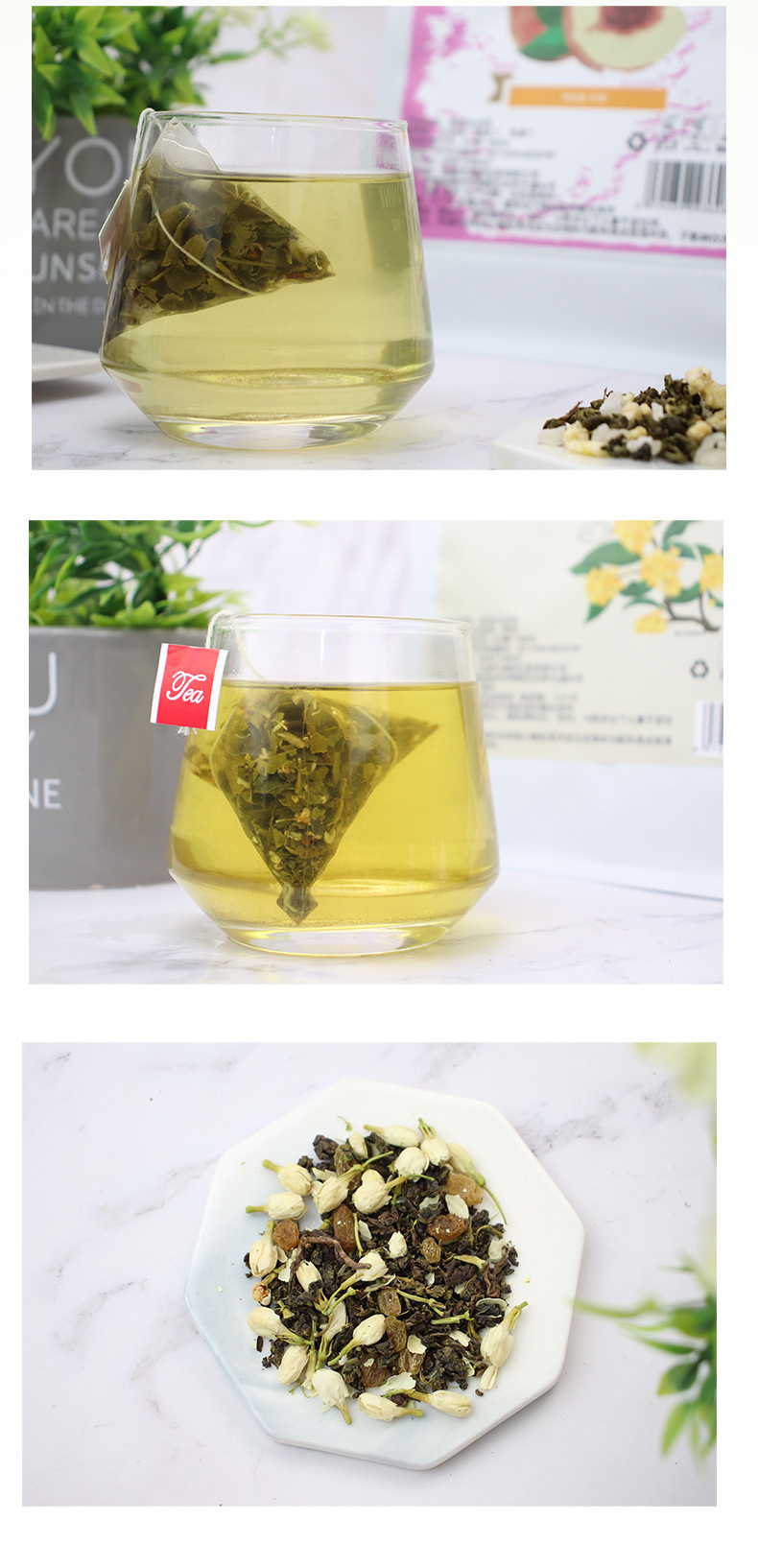 Peach Oolong Tea Bags Jasmine Green Blend Triangular Pyramid Sachets Cold Brew 90g in use