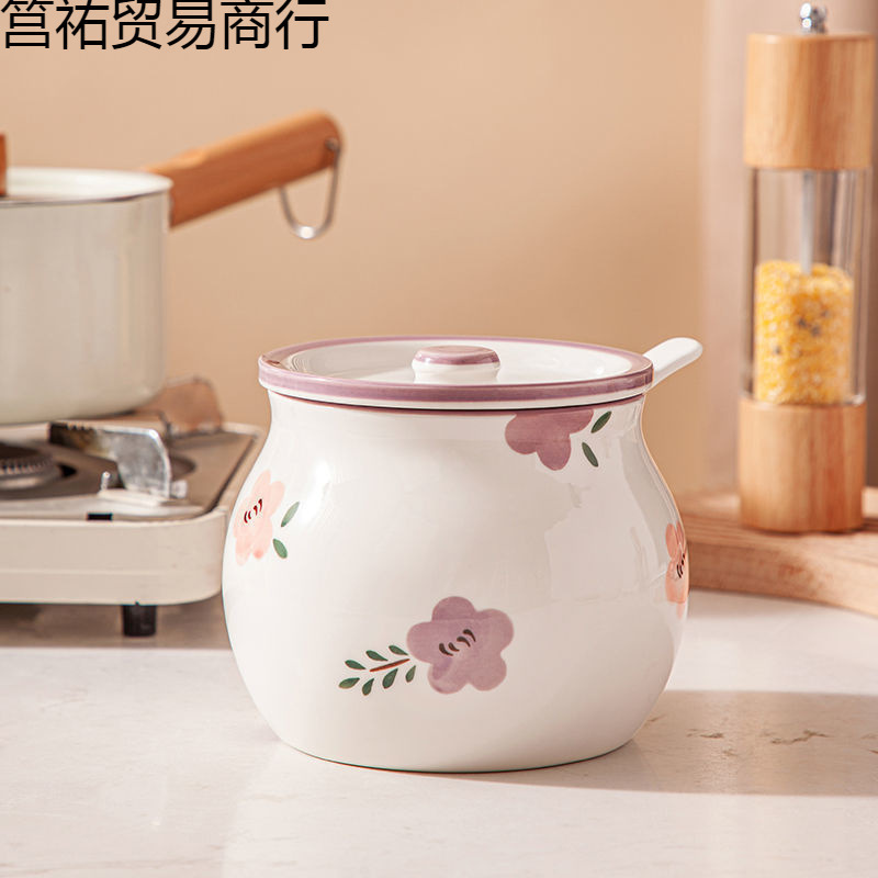 紫萱花耐高温家用大容量陶瓷猪油罐带盖罐子厨房|undefined
