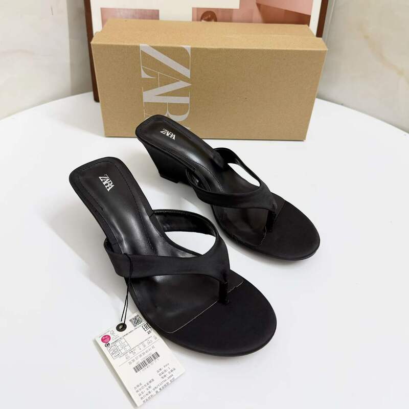 Za2026 New Summer Style Black Wedge-Heeled Sandals for Work, Round-Toe Silk Satin Thong-Toe High-Heeled Shoes for Women to Wear Outside