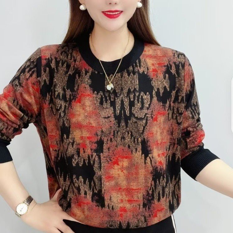 ディザトーンのファッションのデジタルプリントの長袖tシャツの女性の秋の新型のお母さんはゆったりした丸首のプルオーバーの中で老いています。|undefined