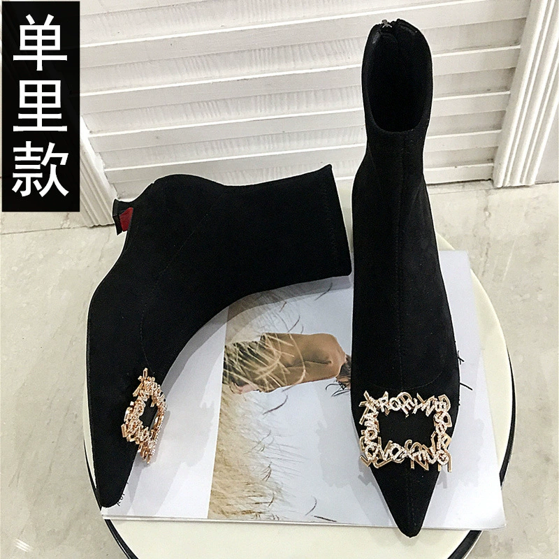 2025 Осенние новые модные женские ботинки на одинарном каблуке с острым носком, стразами, универсальные, на высоком каблуке, малые размеры, узкие ботинки 313233, короткие ботинки.