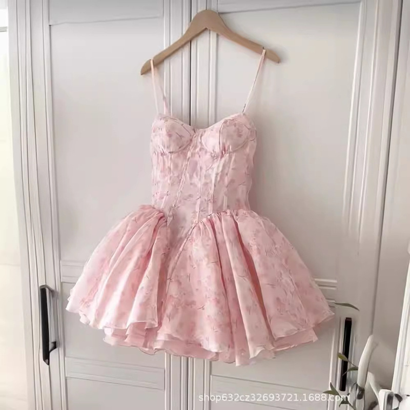 Korean Style Gentle Style Printed Sling dress Women's Summer Pink Sweet Age-reducing Milk Lovely Beautiful Slimming Poncho Dress