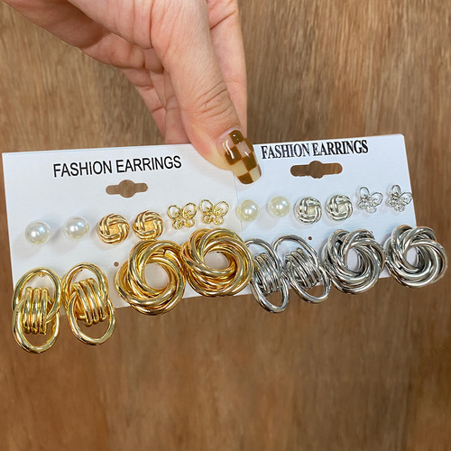 European and American cross-border inlaid pearl card set earrings for women, creative French retro gold earring set, 6-piece set