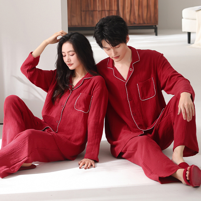 双层棉纱婴儿纯棉红色睡衣情侣男女士款睡衣结婚新婚情侣套装棉麻