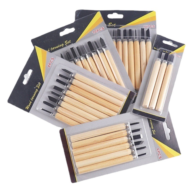 Carpintería talla traje de cuchillo herramienta de talla de madera al por mayor 65 mango de madera de pino de acero al manganeso cuchillo de talla cuchillo artesanal cuchillo en stock