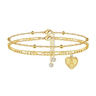 Cross-border Foreign Trade Explosions 26 Letter Anklet Peach Heart Letter Anklet Simple Fashion Rice Beads Cuba Double Layer Anklet