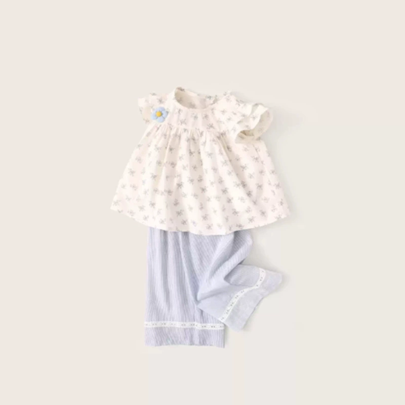 Летний костюм для девочек 2025, новый стиль, повседневная одежда для малышек с цветочным принтом, короткий рукав, детский летний двухкомпонентный костюм