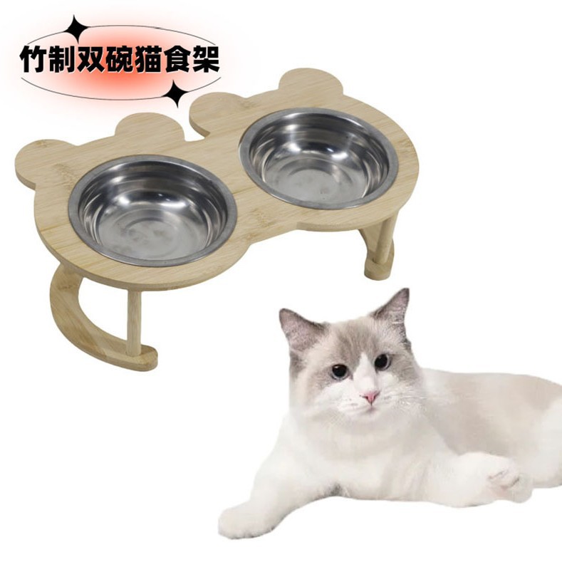 고양이 먹이를 위한 대나무 및 나무 흔들림 방지 고양이 그릇, 높은 스탠드, 애완동물 목 보호대, 싱글 및 더블 그릇 스탠드, 고양이 용품, 고양이 먹이 그릇