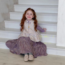 淘猪童装女童新中式国风提花盘扣圆领马甲上衣半裙三件套唐装套装