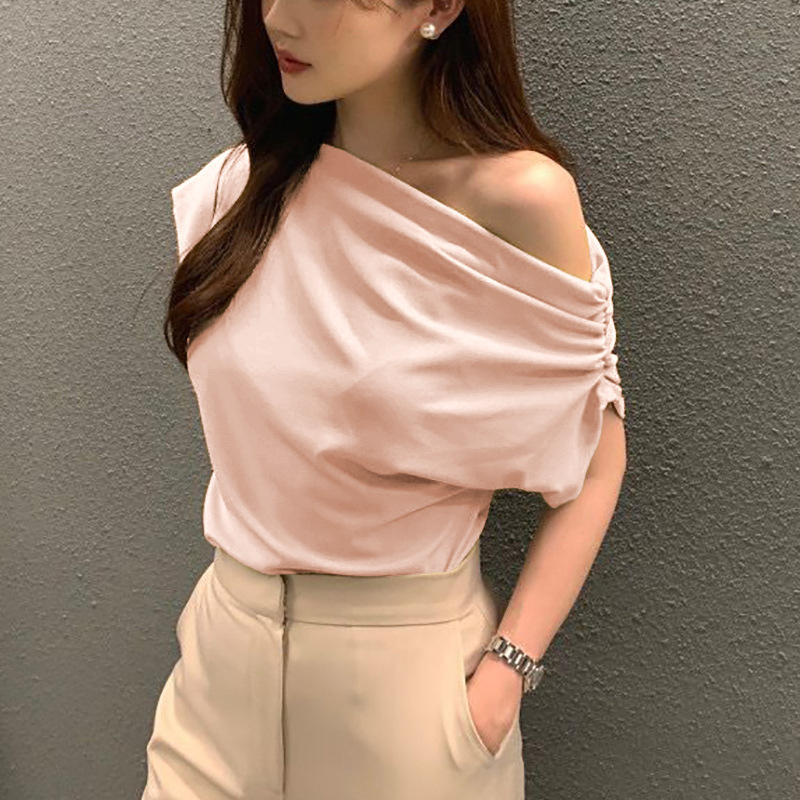 Summer New Niche Irregular Slanted Shoulder Design Loose Solid Color Pullover Short-sleeved T-shirt_ecoleips.com