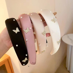 珍珠蝴蝶發箍女2023新款壓發洗臉發卡寬邊頭箍高顱頂夏季髮飾頭飾