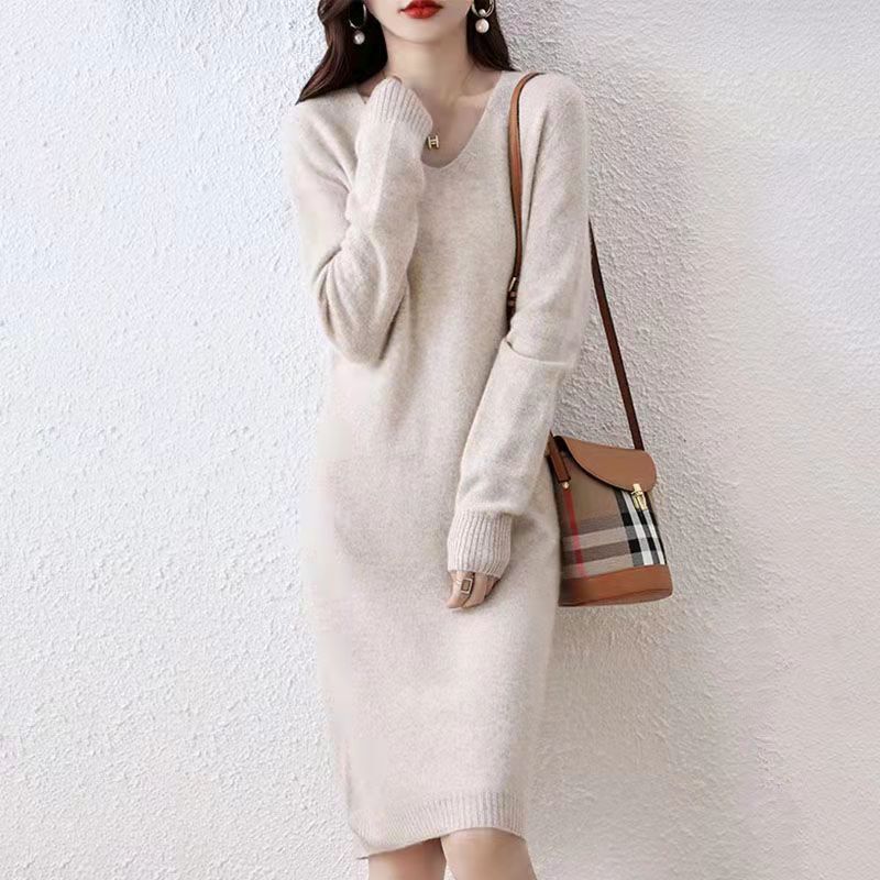 Mid-Length Sweater Dress for Women, V-Neck Pullover, Long-Sleeve Base Dress, Korean Style, Slim Fit, New Sexy Slimming Knit Dress Mid-Length Sweater Dress for Women, V-Neck Pullover, Long-Sleeve Base Dress, Korean Style, Slim Fit, New Sexy Slimming Knit Dress