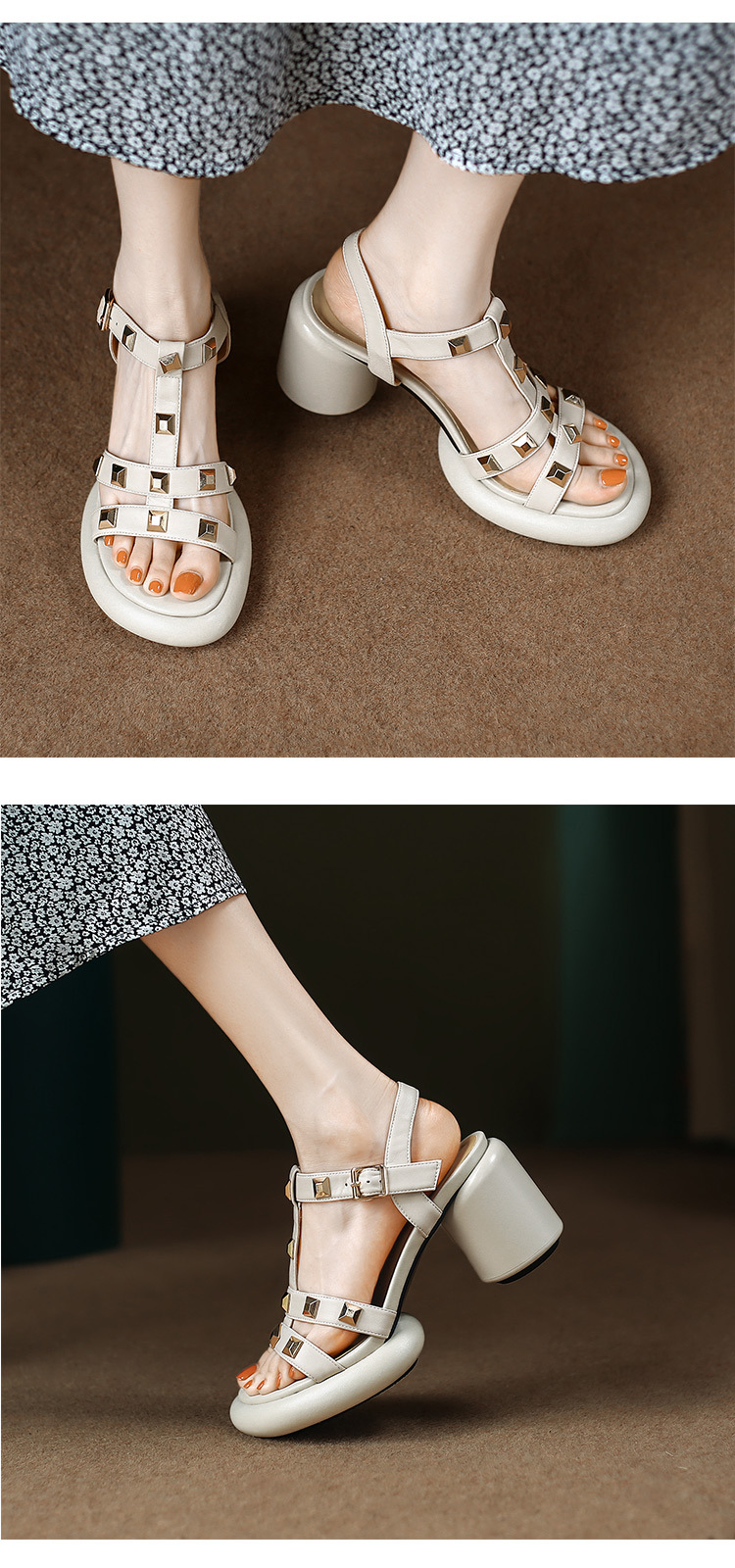 Sandal cao gót nữ mũi nhọn quai ngang đinh tán gót vuông 9 cm — màu đen, màu trắng ngà, màu vàng chi tiết 14