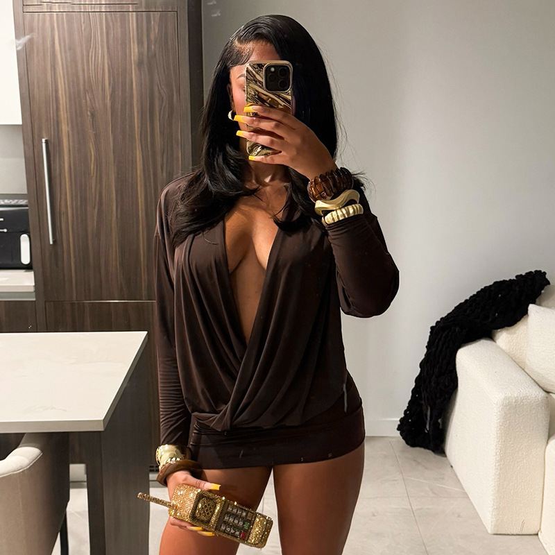 跨境批发秋冬新款欧美女装时尚纯色性感深V长袖收腰包臀连衣裙女