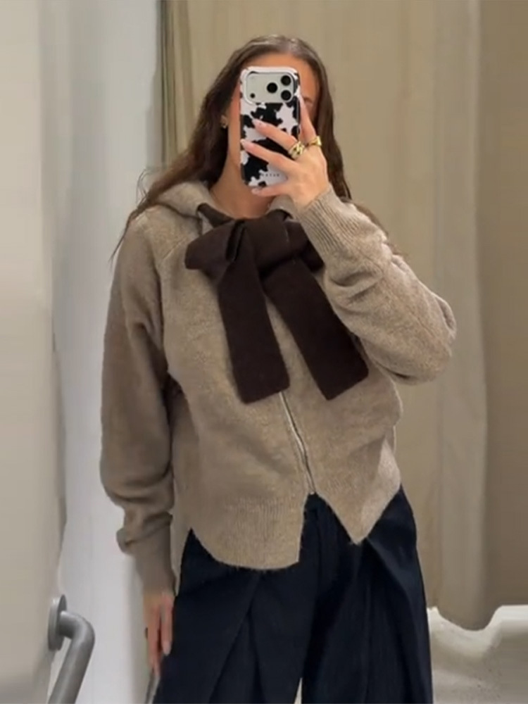 Moda coreana estilo casual de color sólido encapuchado suéter de arco cardigan 2025 cruzado Europa y los Estados Unidos nuevo caliente