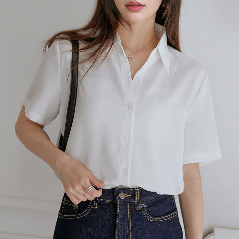 韓国版通勤ルーズ半袖シャツ女性用 2025 夏薄いデザイン多用途ファッショナブルな甘い年齢軽減シャツ|undefined