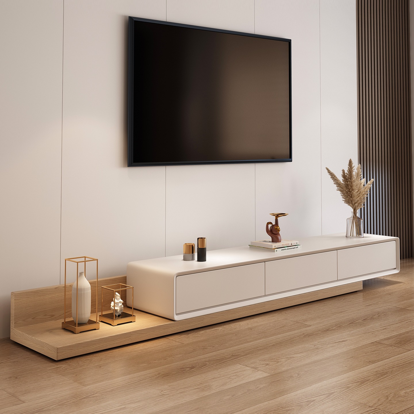 Nordic Tv Cabinet Coffee Table Combination Modern Simple Light Luxury Small Apartment Floor Cabinet Solid Wood Color Retractable Tv Cabinet