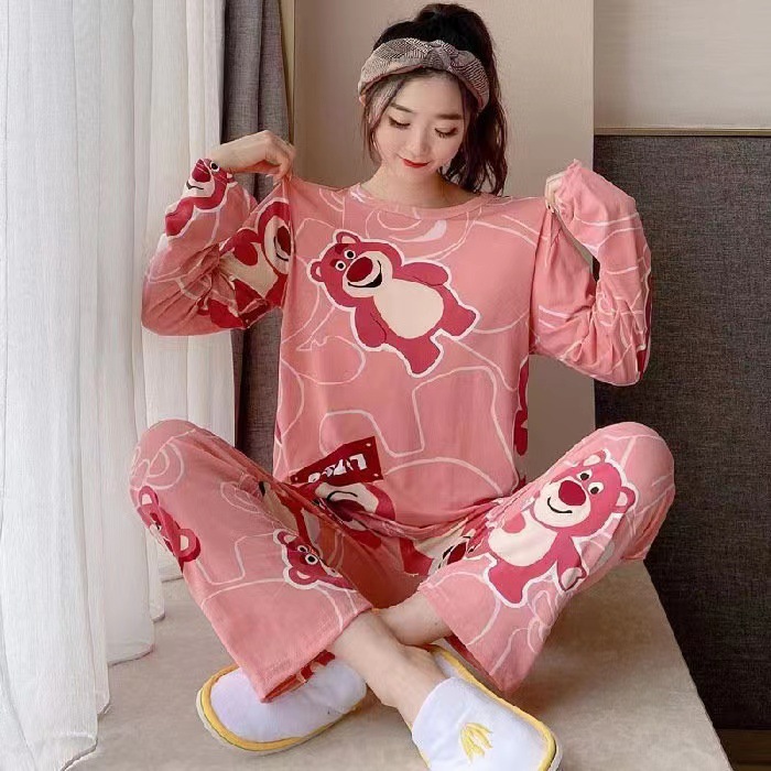 Pijama de manga larga de primavera y otoño simple coreano estilo de estilo avanzado joven suelto cuello redondo en casa otoño y invierno conjunto