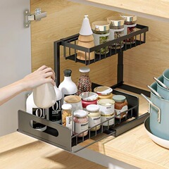 クロスボーダーキッチン引き出し収納ラックバスルームシンクスライドレールキャビネットパンチングなし層状スパイス収納ラック