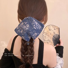 新しい中国風のネイビーブルーのスクエアスカーフ、女性用ヘアゴム、ハイエンドのスクエアナショナルスタイルのヘッドバンド、特大のヘアアクセサリー、ローポニーテール