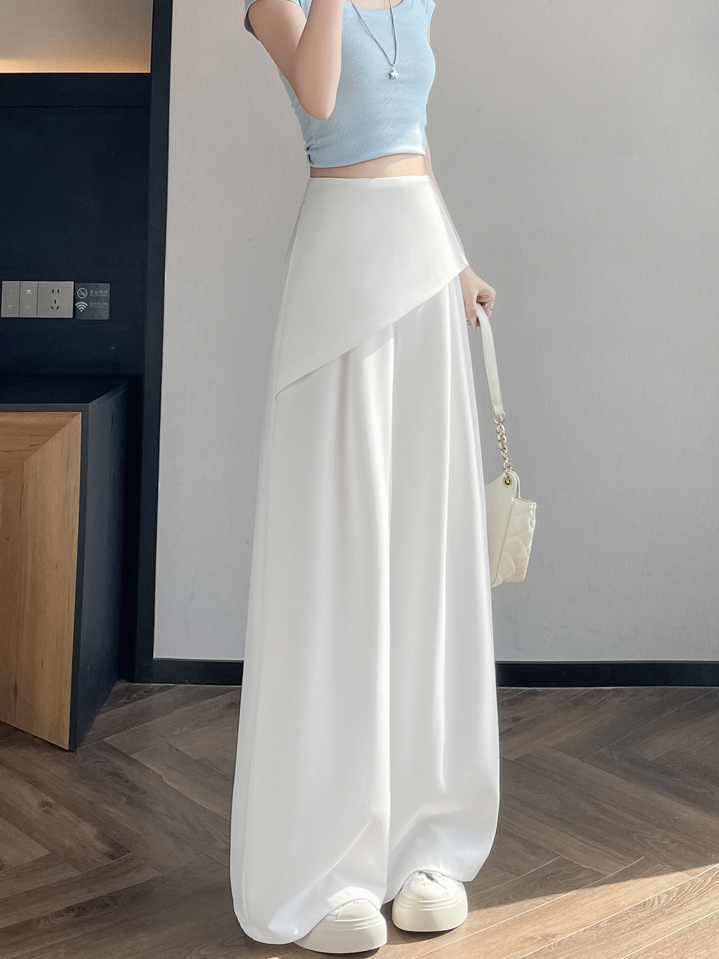 Quần culottes nữ ống rộng phối mảnh giả hai dây, cạp cao tạo dáng thon gọn — Xám kéo dài