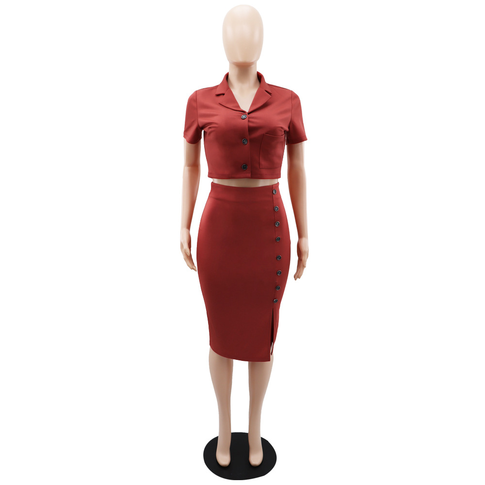 Polo Collar Summer Small Suit Short Sleeve Suit Split Skirt Office Women Two-Piece Suit