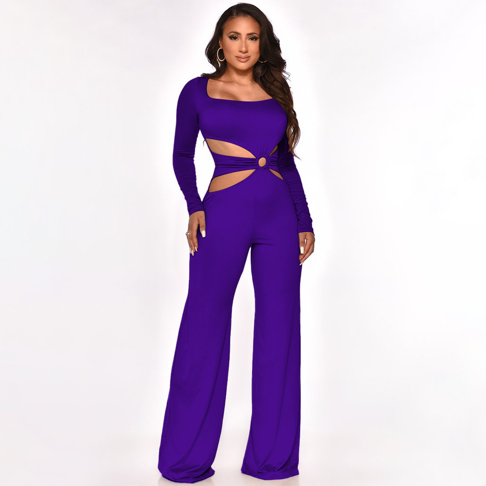 solid color square neck exposed waist hollow jumpsuit NSMYF84713