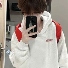 美式重磅白灰色卫衣男连帽新款小众设计感秋春夏加绒加厚帽衫