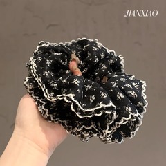 文学的でレトロなスタイルの花柄レースエッジのソーセージリング、高級ボールヘッドフラワーヘアロープ、多用途でスタイリッシュで耐久性のあるヘアアクセサリー