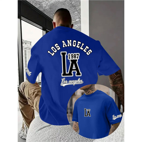 Cotton [Fashion] Letter Men and Women Unisex T-Shirt Short Sleeve Men and Women European Size Casual Print Sport Los Angeles T-Shirt